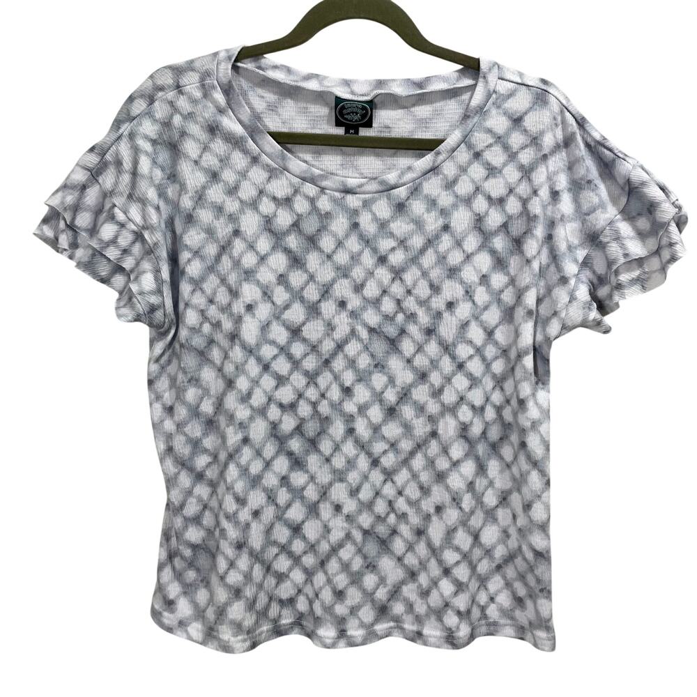 Vintage Laura Ashley Geometric Ruffle Sleeve Casual Top Grey & White Size Medium